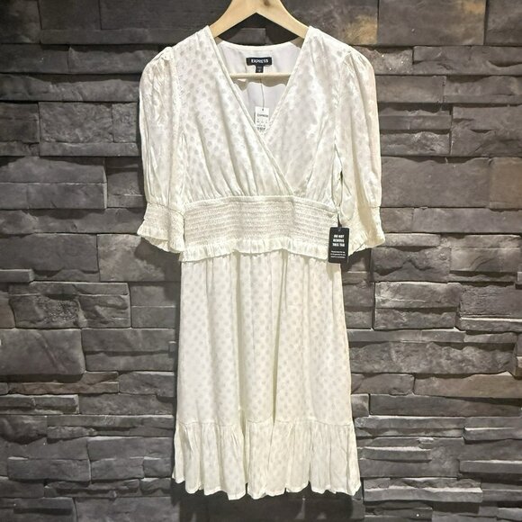 Express Dresses & Skirts - Express Ivory Smocked Puff Sleeve Dress Patterned Size Small Elastic Waist NWT